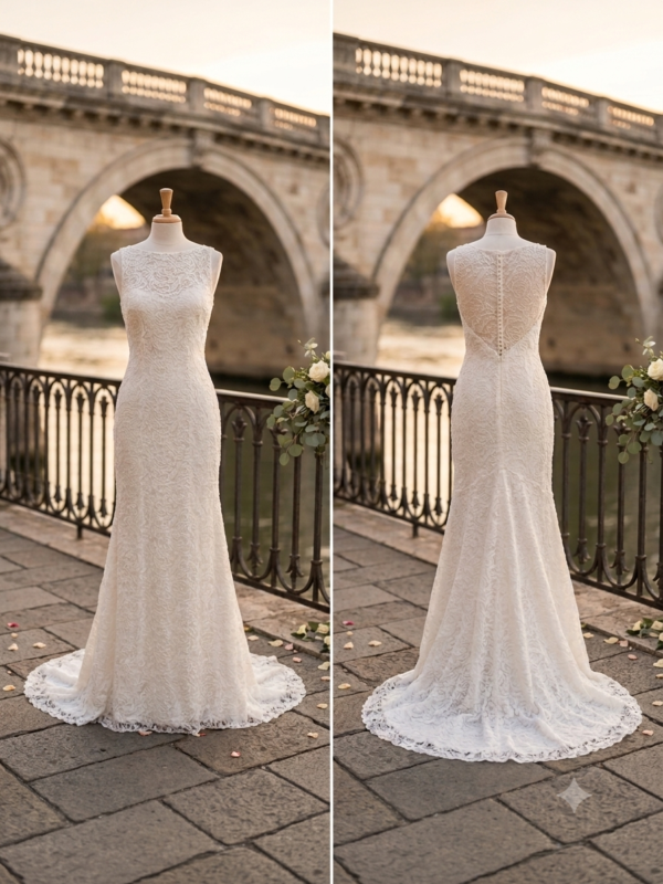 Looking for the perfect blend of modern elegance and timeless romance? This brand-new, never-worn Theia Bridal "Riley" gown (Style 890163) is an absolute dream for the chic, sophisticated bride. Featuring a stunning boat-neck (bâteau) front and an elegant, sheer illusion V-back accented with delicate buttons, this sheath silhouette beautifully contours the body while remaining effortlessly comfortable. Crafted in a premium, intricate all-over lace texture, the Riley gown offers a romantic, classic look with a distinctly contemporary edge. Perfect for a classic church ceremony, an outdoor garden celebration, or an elegant destination wedding.