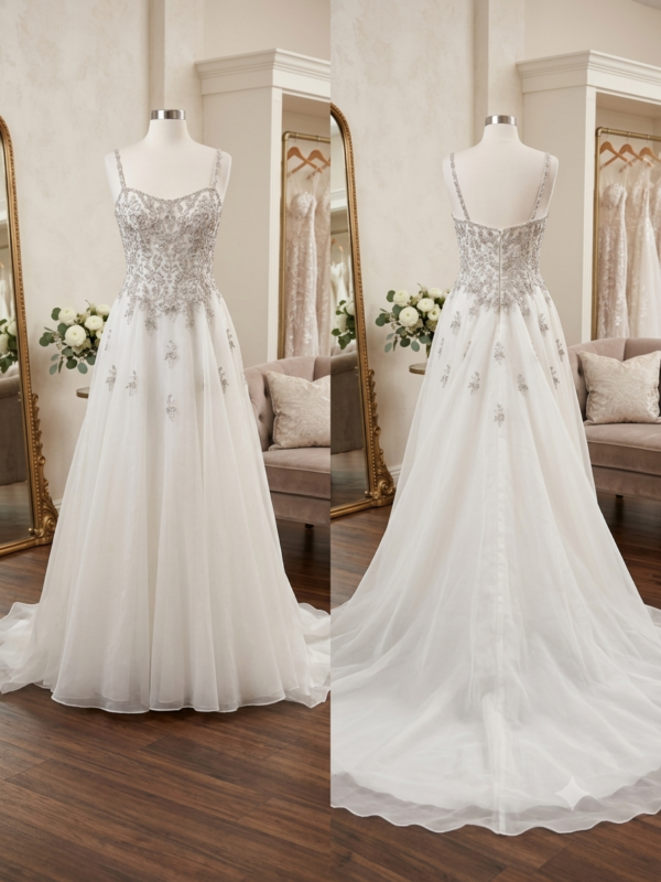 Front view of the Private Label "Eve" A-line wedding dress on a mannequin in a bridal boutique, showcasing a sweetheart neckline, intricate silver beaded bodice, and layered organza skirt.
