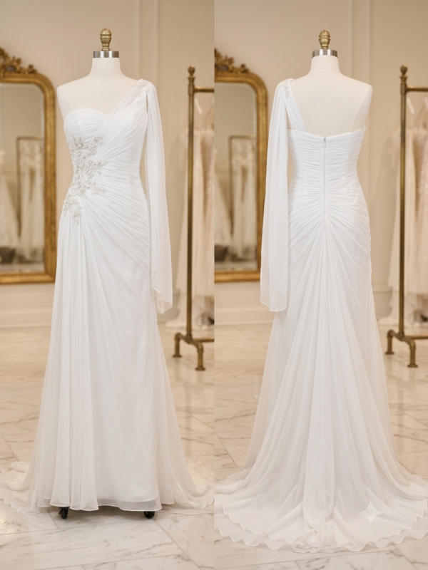 Private Label Valentina one shoulder chiffon wedding dress size 6 front and back luxury boutique display