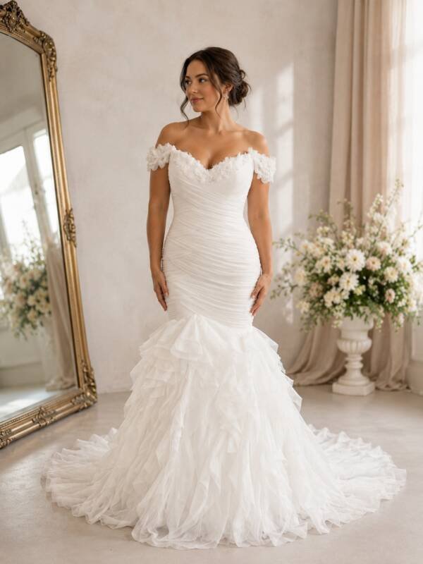 Private Label "Penelope" Ruched Mermaid Wedding Gown with 3D Floral Neckline – Size 8 (Style DMB006)