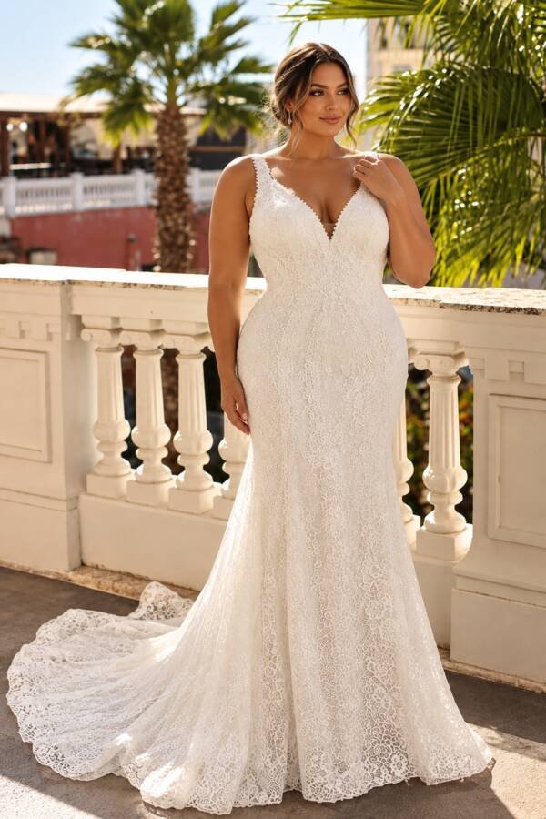 Clarisse 600265 "Aubrey" All-Over Floral Lace V-Neck Trumpet Wedding Gown – Size 18 (SKU DMB052)