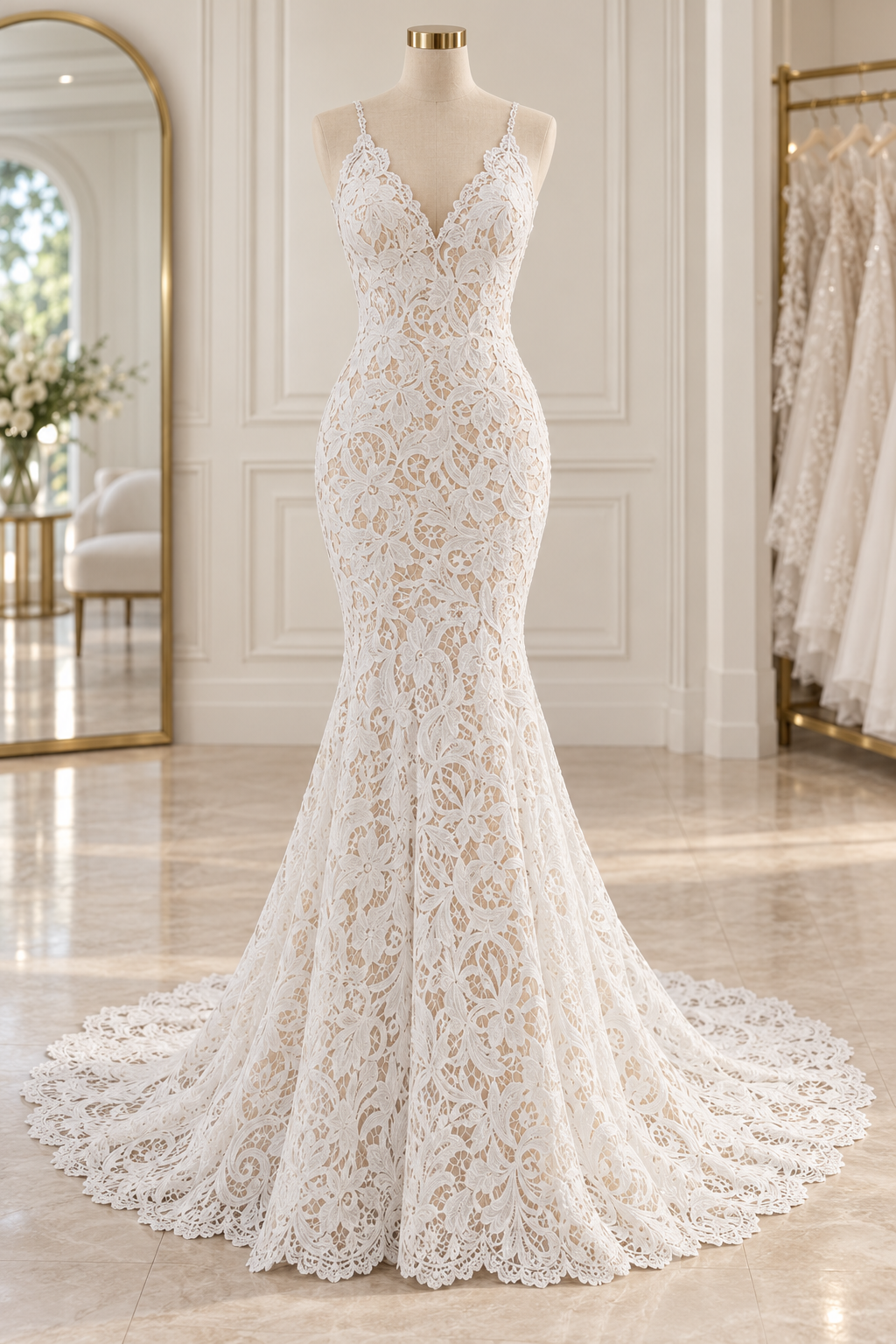 Bella Wedding Dress – Size 8 | Boho Lace Mermaid Bridal Gown with Pearl Back Detail