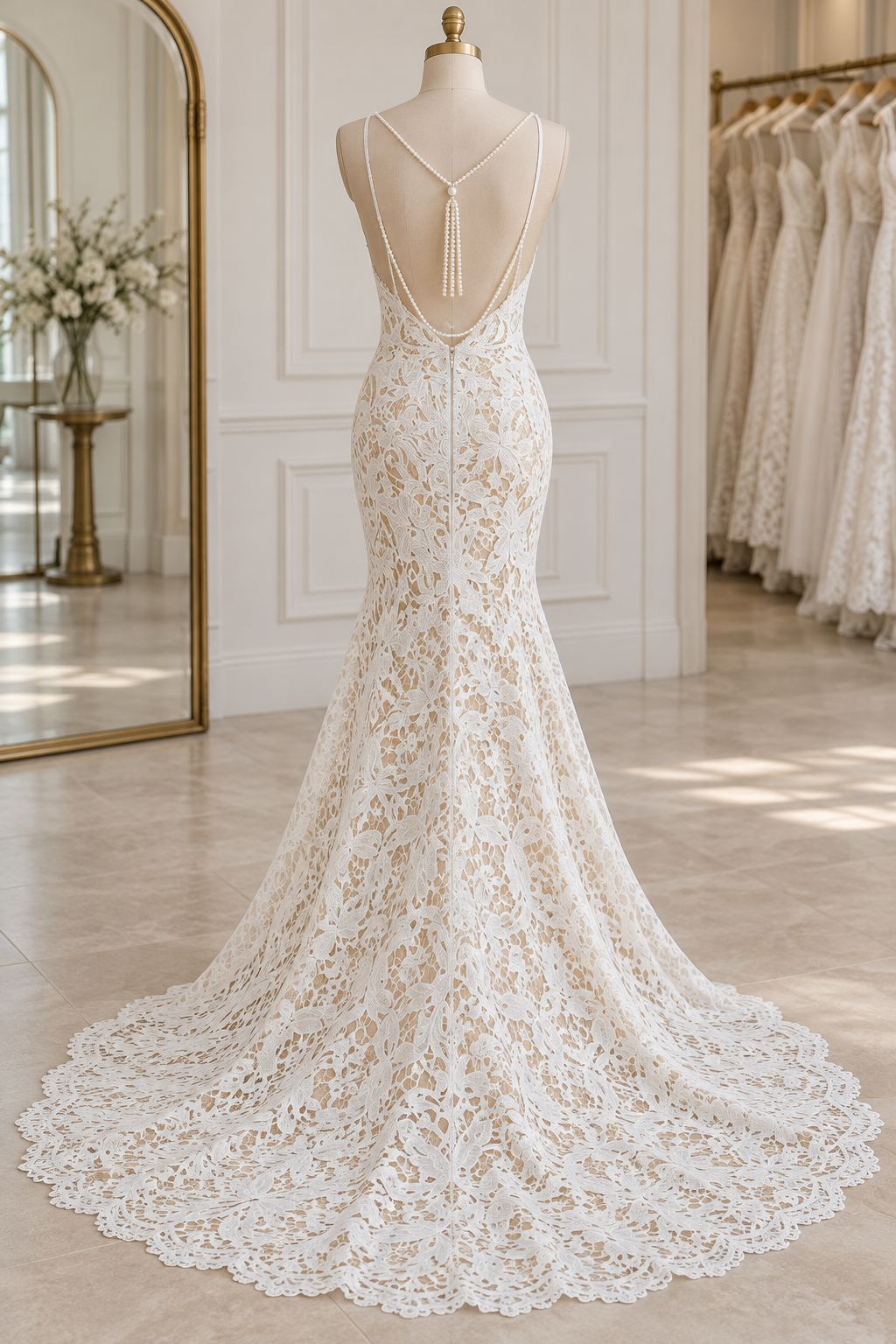 Bella Wedding Dress – Size 8 | Boho Lace Mermaid Bridal Gown with Pearl Back Detail - Image 2