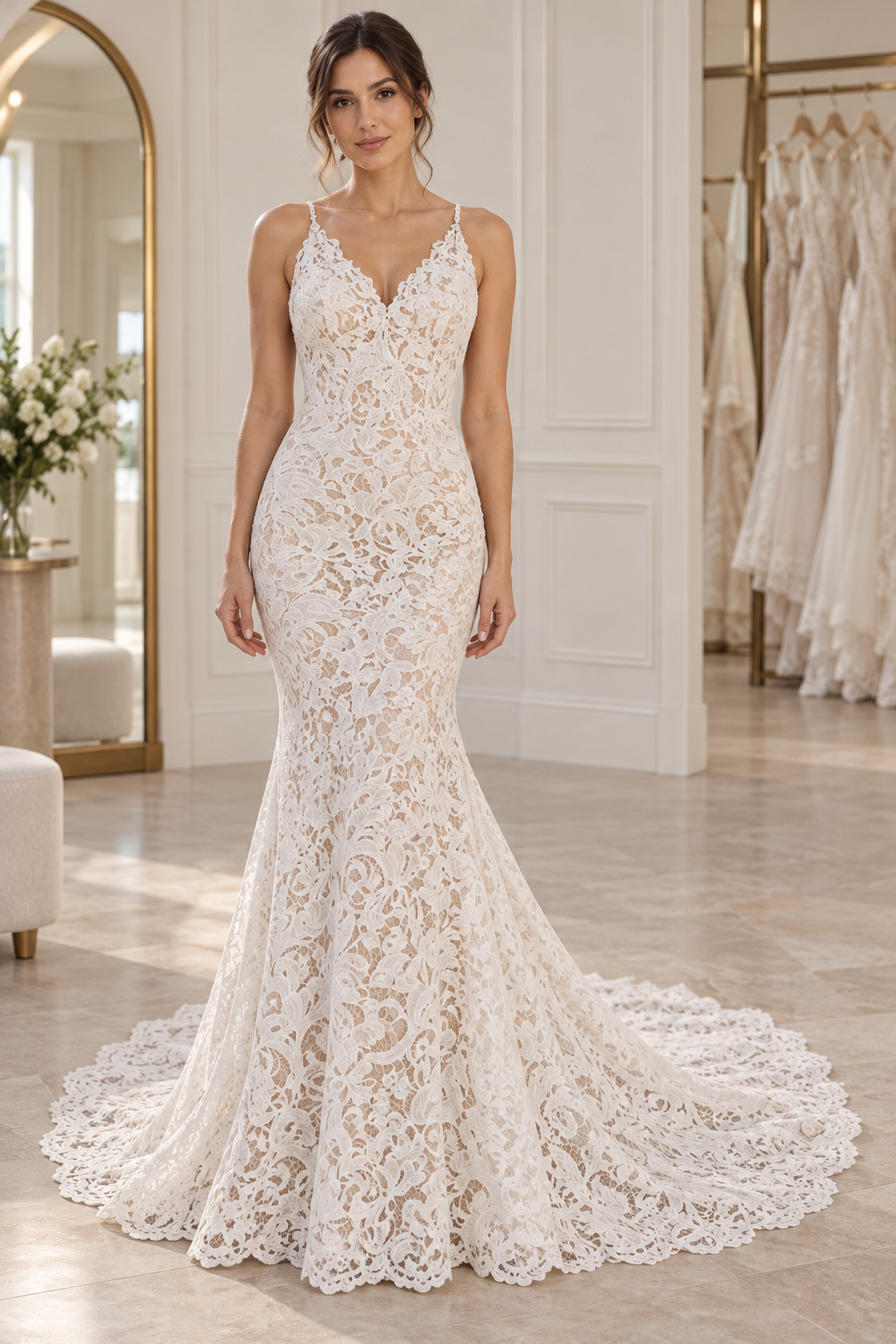 Bella Wedding Dress – Size 8 | Boho Lace Mermaid Bridal Gown with Pearl Back Detail - Image 3