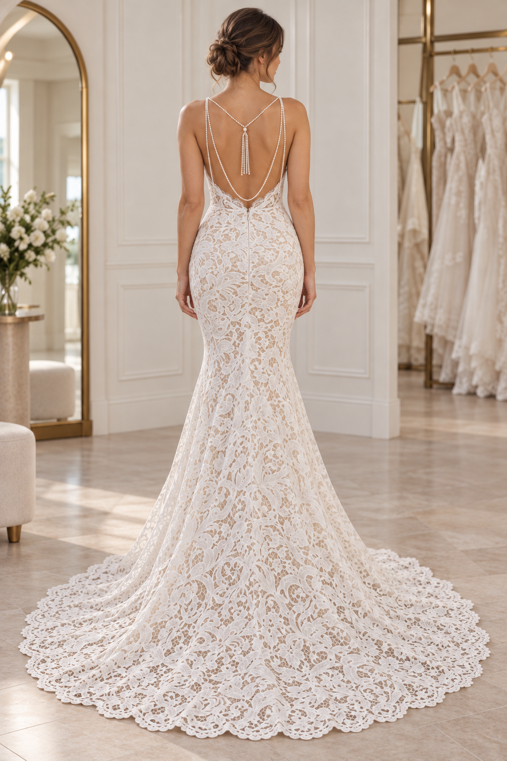 Bella Wedding Dress – Size 8 | Boho Lace Mermaid Bridal Gown with Pearl Back Detail - Image 4
