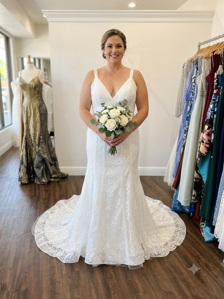 Front full-length view of the Private Label "Aubrey" (CLA600265) wedding dress in size 18, featuring a classic V-neckline, all-over floral lace, and vertical linear trim.
