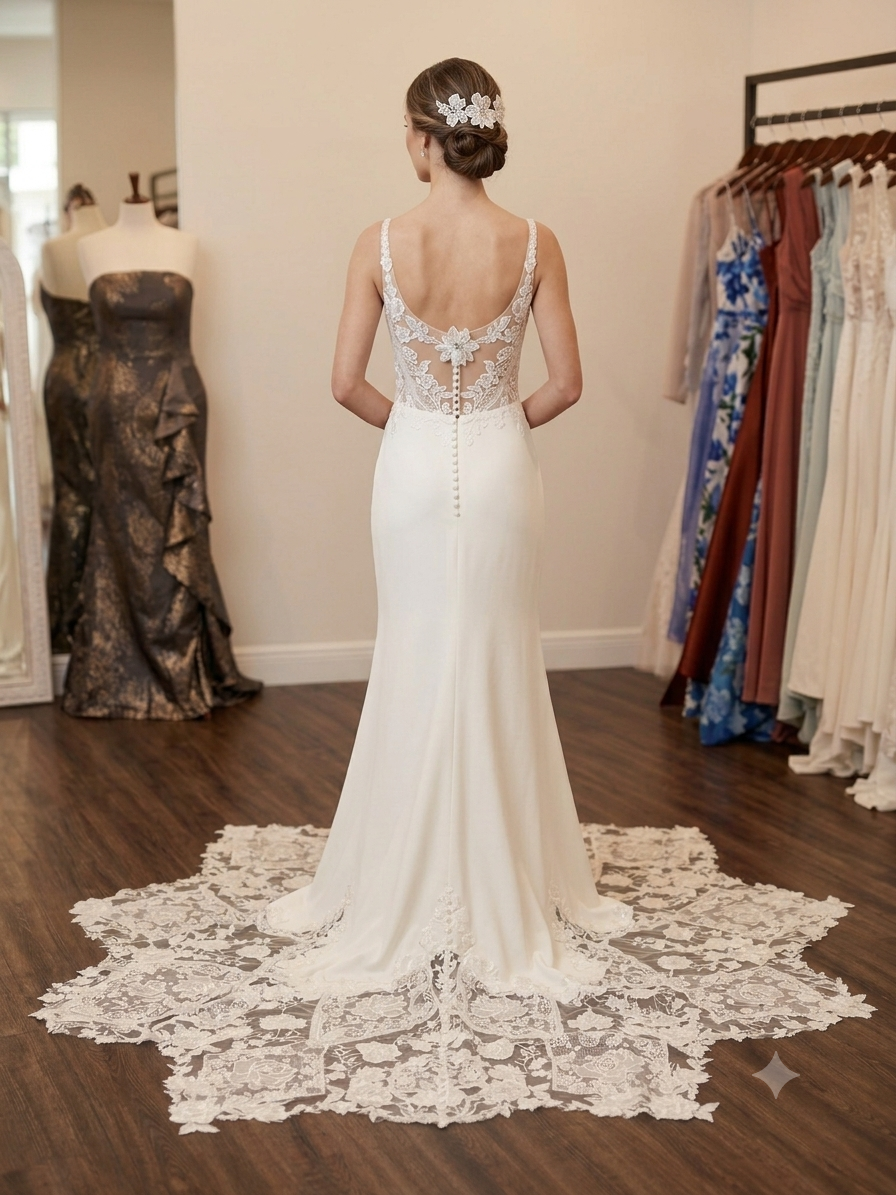 Raven Private Label Illusion Lace Crepe Wedding Dress - Size 10