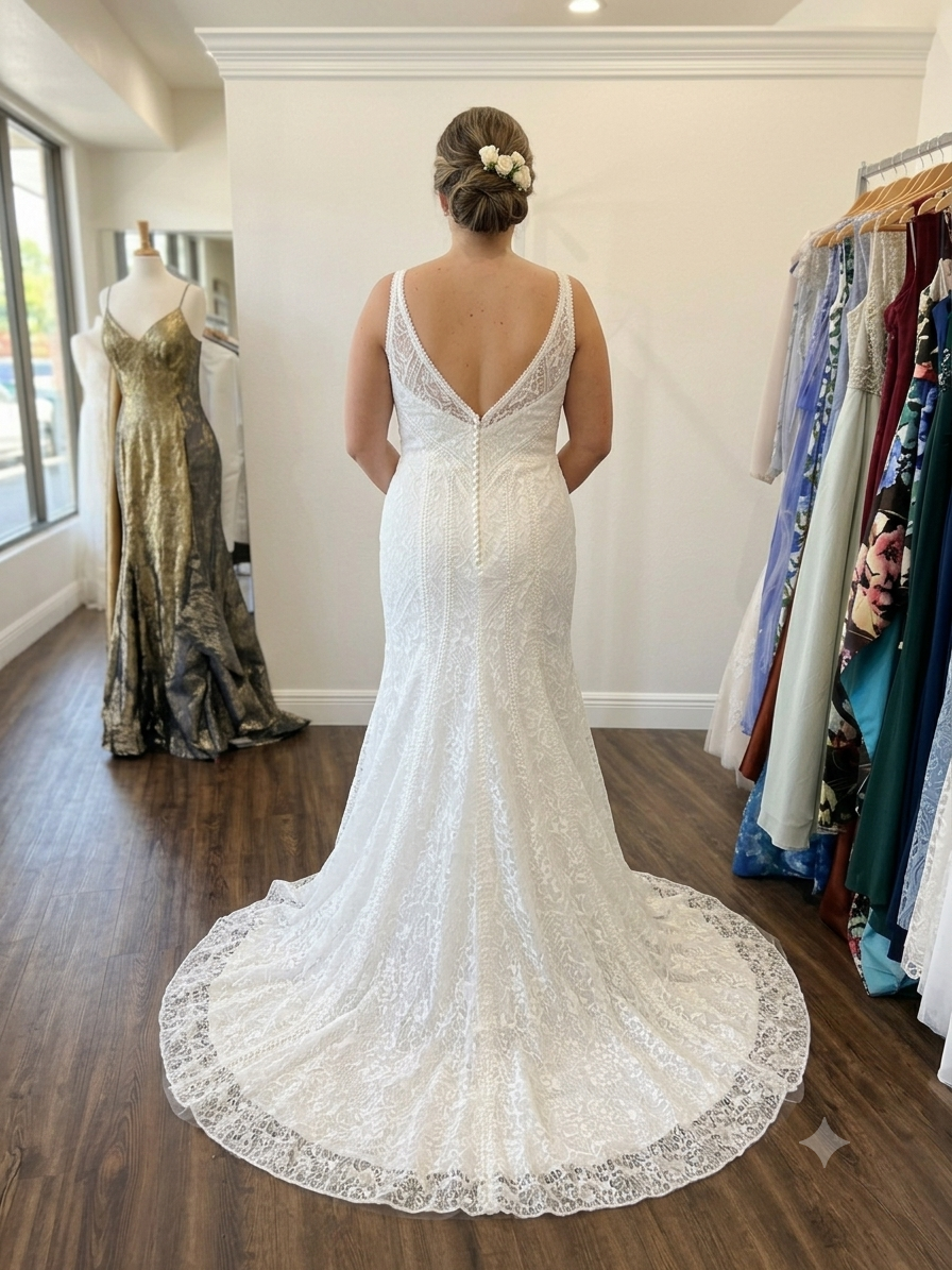 Back view of the Aubrey CLA600265 wedding gown on a hanger, showcasing the low V-back and the soft flow of the lace trumpet skirt and chapel train.