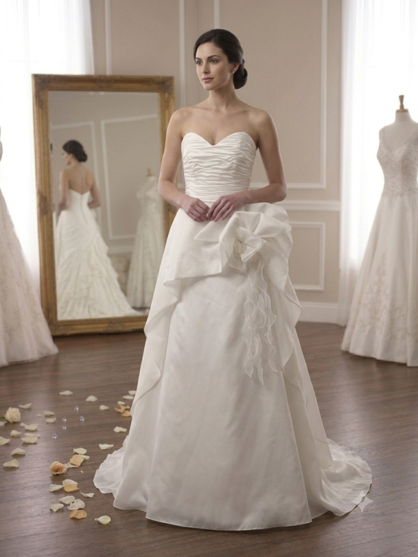 Professional front-and-back showcase of the private label Naomi size 10 wedding gown featuring its ruched strapless sweetheart bodice, high-low column silhouette, and prominent structural organza flower accent inside a luxury boutique.