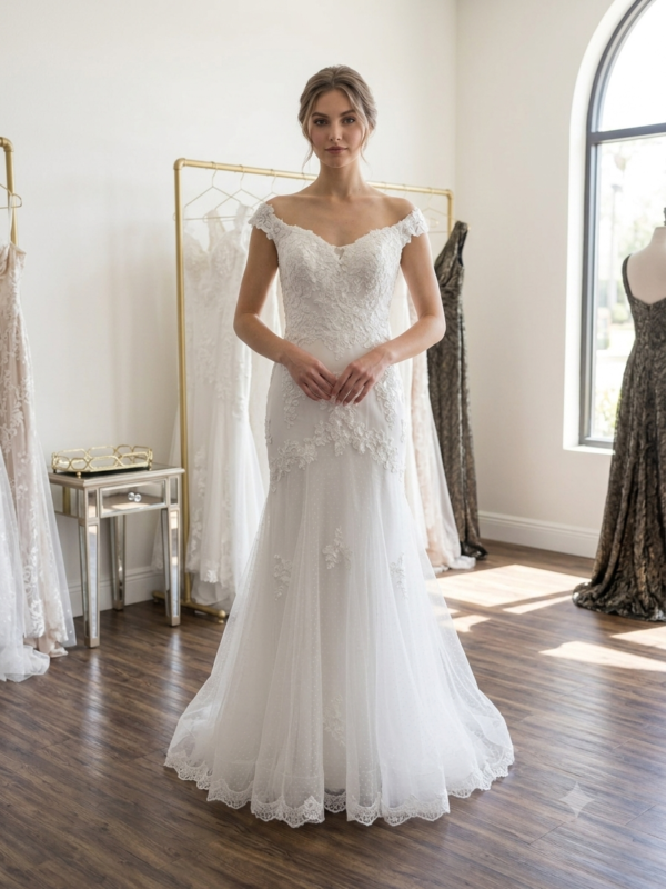 Front full-length shot of the Private Label "Emma" wedding dress (Style JES-700154, Size 10) on a boutique hanger, displaying the off-the-shoulder lace sleeves and structural dotted tulle mermaid skirt with horsehair trim.