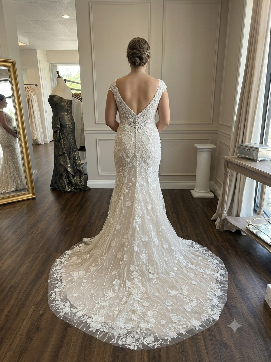 Full-length back view of the Josie II wedding dress hanging in a bridal boutique, displaying the low V-back, fabric-covered buttons, and soft trumpet train flare.