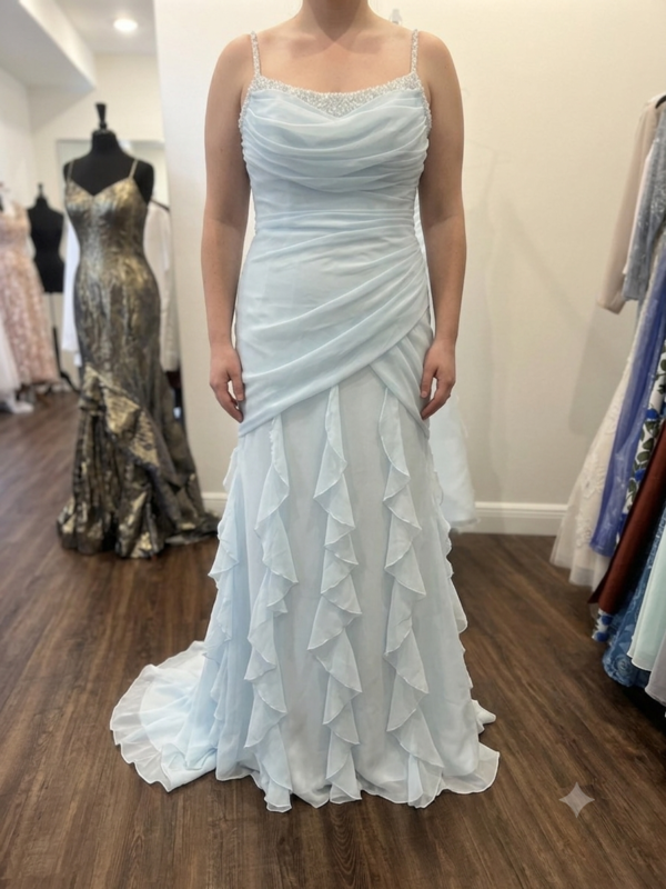 Professional front and back showcase of the private label Sophia Impression Blue size 14 mermaid wedding dress showing its soft cowl neck with beaded trim, spaghetti straps, lace-up corset back, and cascading tiered ruffle skirt inside a luxury boutique.