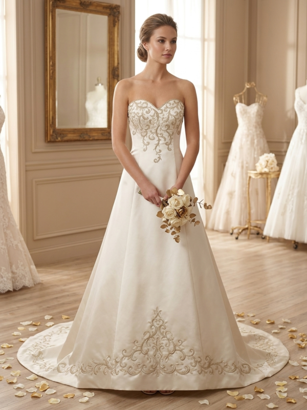Front and back view of the Eleanor Demetrios size 10 strapless satin wedding gown showcasing metallic silver embroidery, sweetheart bodice, and architectural rosette back drape inside a luxury bridal shop.