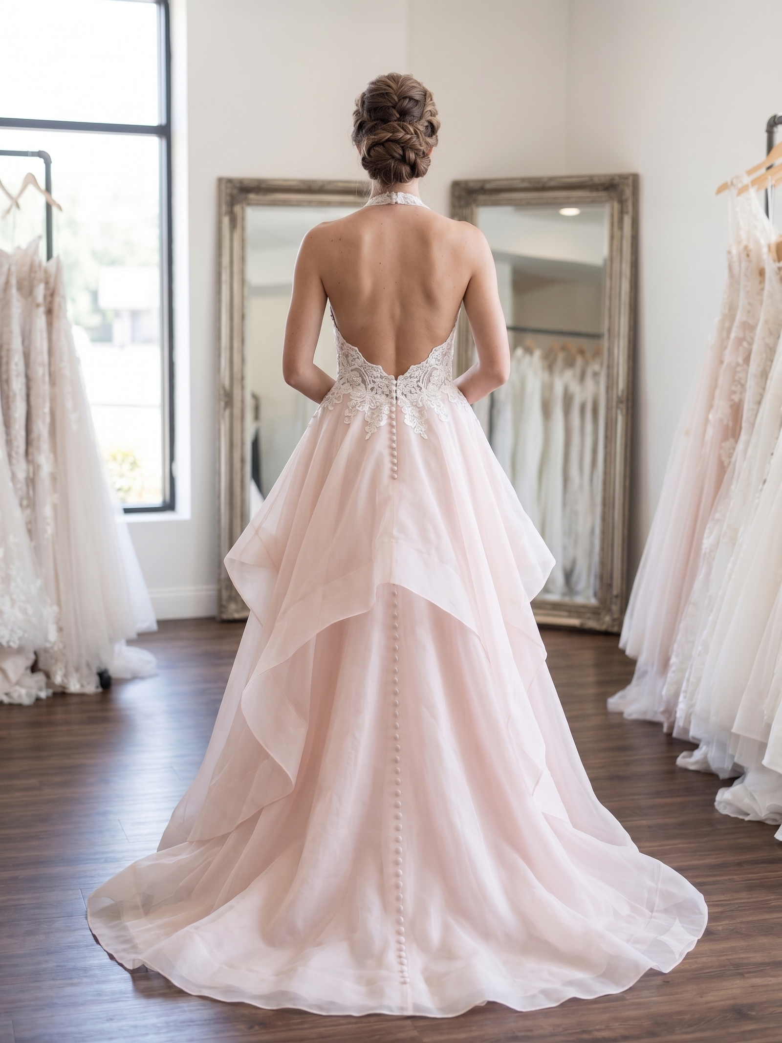 Full-length back view of the Jess tiered wedding dress hanging, highlighting the sheer low back, fitted waist lace appliqués, and flowing layered organza train.