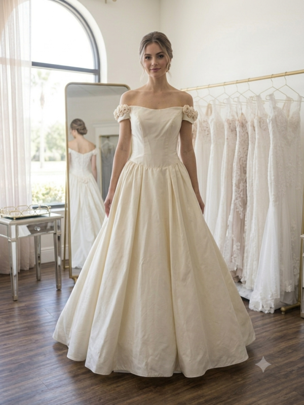 Front view of the Private Label "Bianca" 100% pure silk wedding gown in size 10, showing the off-the-shoulder straps with hand-rolled silk rosettes and a full A-line skirt.