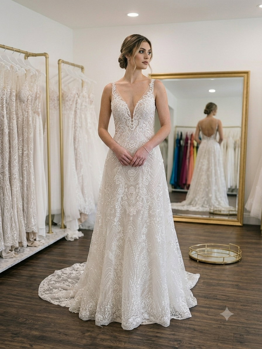 Front full-length view of the private label A&V Justin Alexander 88088 Seraphina wedding gown in size 10, highlighting its intricate geometric and baroque lace pattern with an illusion Sabrina neckline.