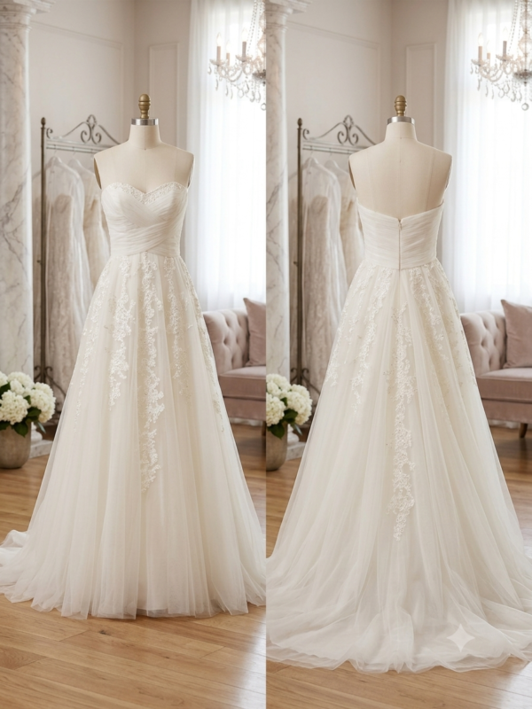 Front and back showcase of the private label Addison size 8 strapless wedding gown featuring a ruched tulle bodice and cascading floral lace appliques on a soft A-line skirt in a luxury bridal shop.