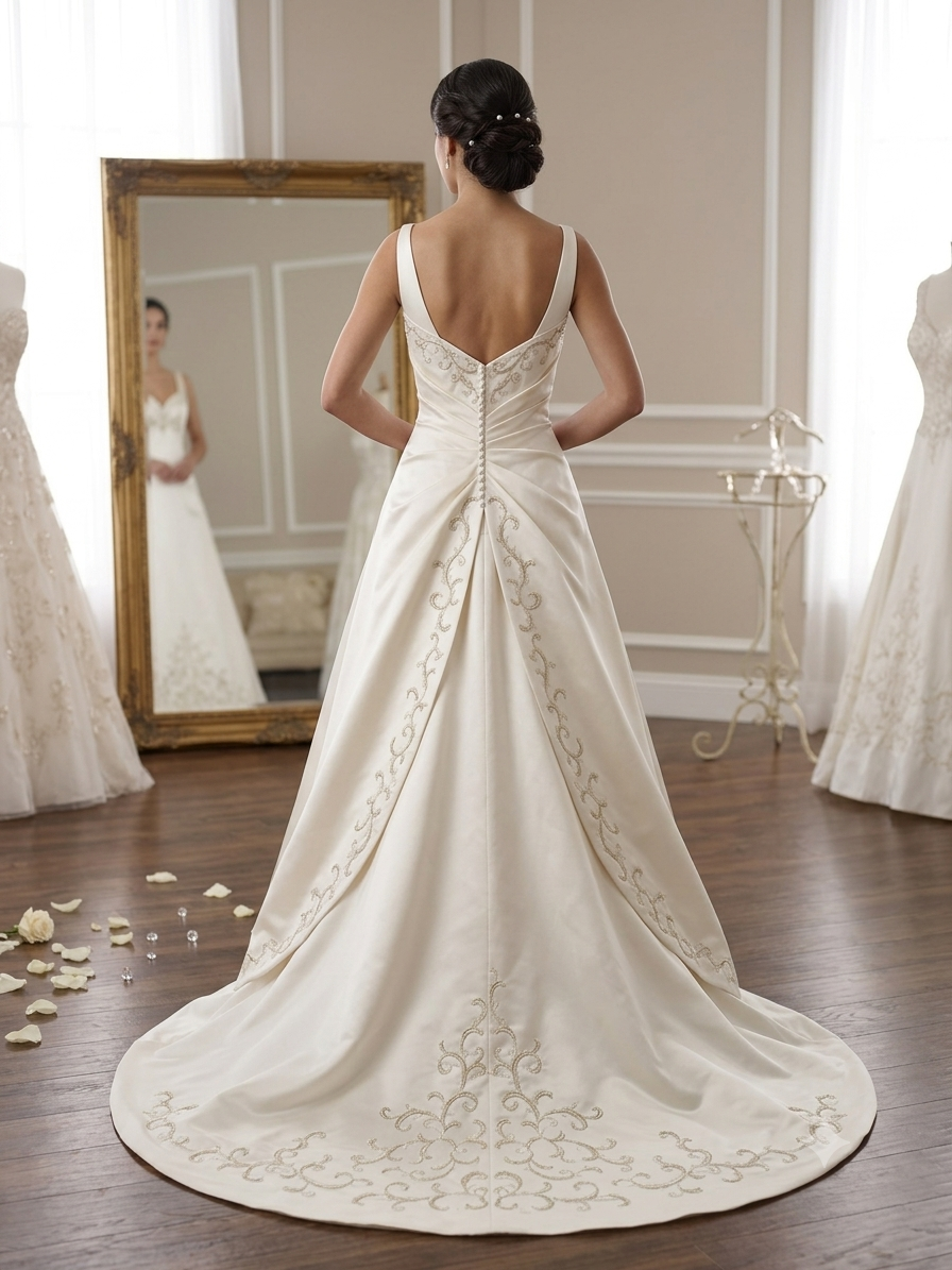 Eleanor Demetrios Embroidered Satin A-Line Wedding Dress - Size 10