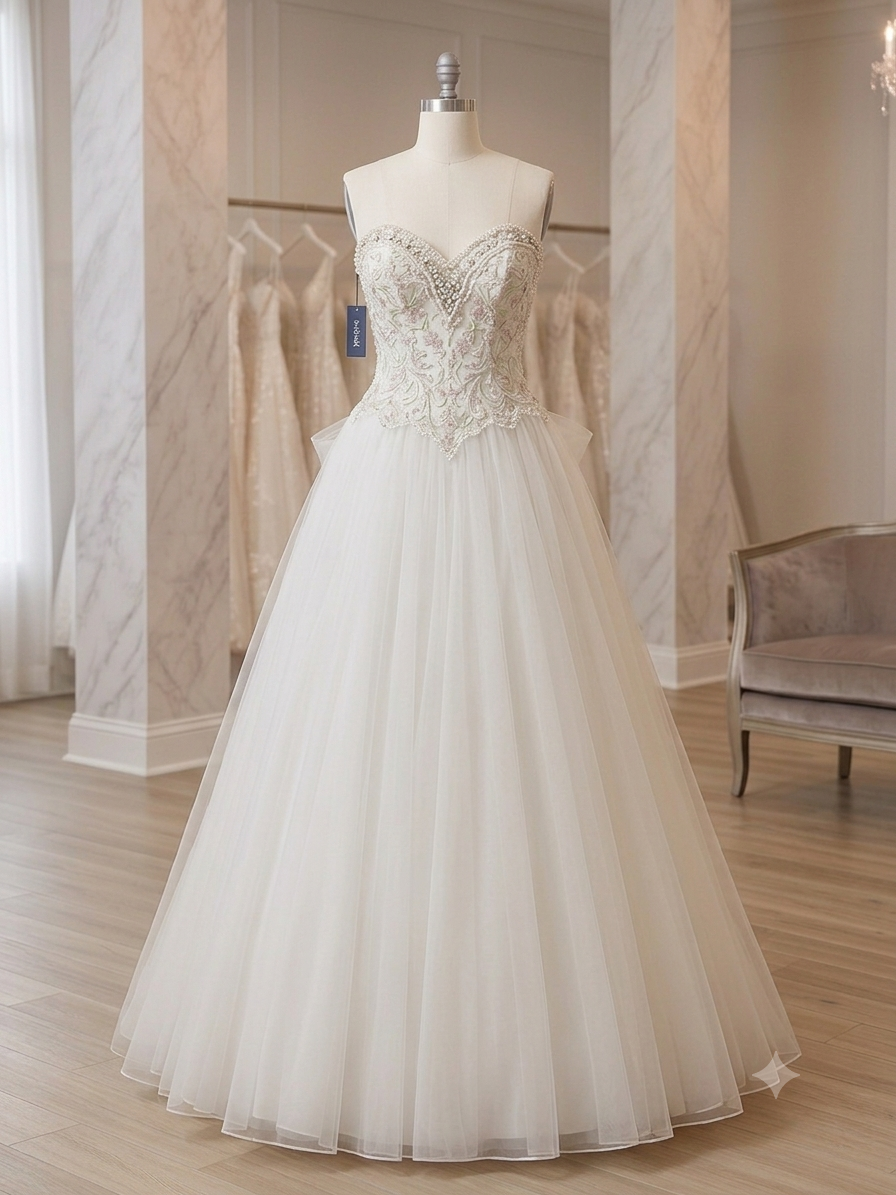 A full-length photograph of a private label 'Delilah' style number DMB008 strapless wedding gown on a mannequin in a bridal boutique. The bodice features an ornate V-shaped sweetheart neckline with pearl and crystal embroidery and light pink and sage green floral accents. The skirt is a full, voluminous A-line ball gown made of multiple layers of layered ivory tulle.