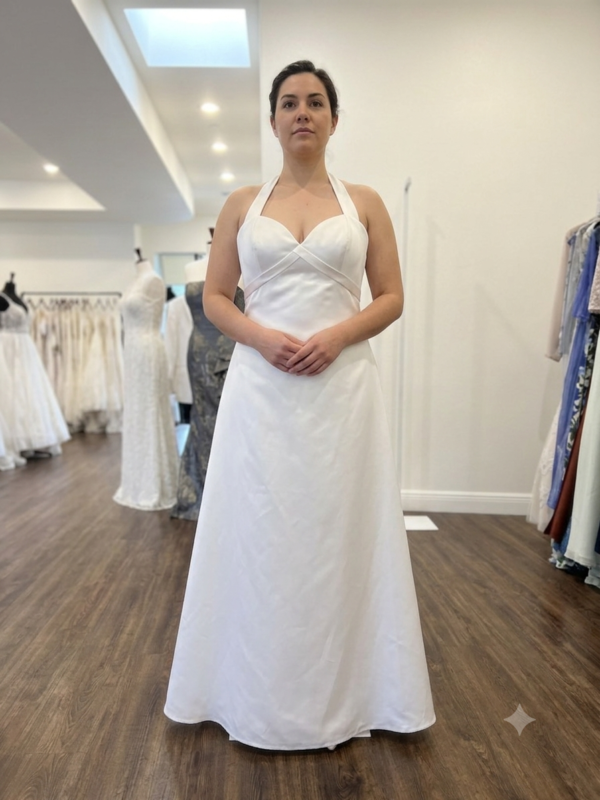 Professional front and back showcase of the private label Madelyn size 12 satin wedding gown featuring a halter neck, surplice pleated bodice, and a tailored bustled back train inside a luxury bridal boutique.