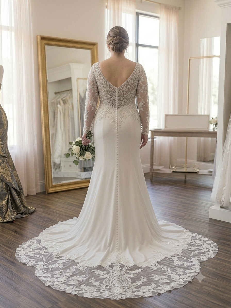 Back view of the Carrie Stella 2604 wedding gown on a hanger, showcasing the sheer V-back and the expansive sheer tulle train covered in cascading floral lace.