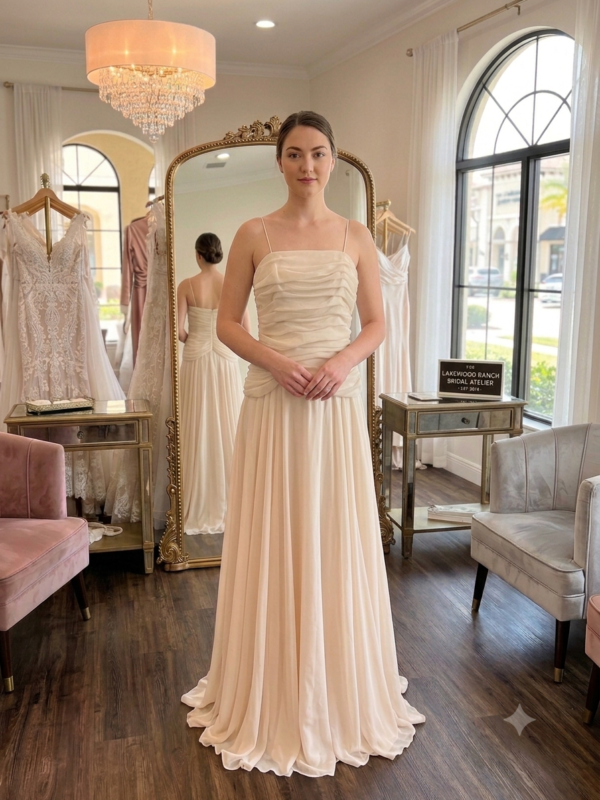 Back view of the peach private label "Serenity" wedding gown, showcasing the gathered ruching meeting at the center back zipper and the flowing floor-length chiffon skirt.