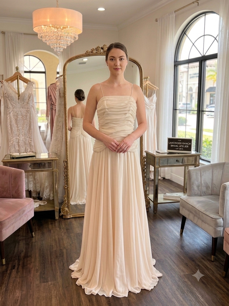 Back view of the peach private label "Serenity" wedding gown, showcasing the gathered ruching meeting at the center back zipper and the flowing floor-length chiffon skirt.