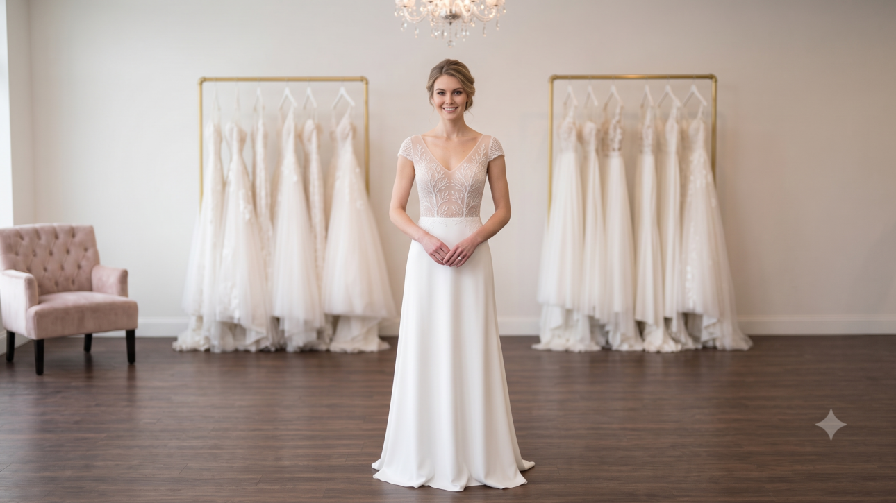 Front full-length view of the Private Label "Josephine" Jovani column wedding dress in size 4, showcasing its sleek matte crepe skirt and beaded illusion cap sleeve bodice.