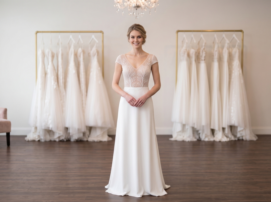 Front full-length view of the Private Label "Josephine" Jovani column wedding dress in size 4, showcasing its sleek matte crepe skirt and beaded illusion cap sleeve bodice.