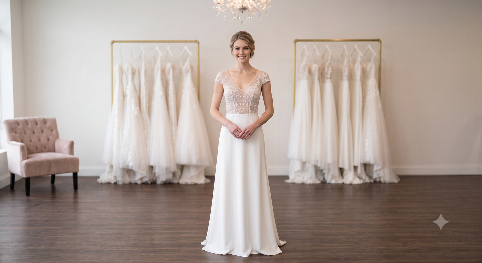 Front full-length view of the Private Label "Josephine" Jovani column wedding dress in size 4, showcasing its sleek matte crepe skirt and beaded illusion cap sleeve bodice.