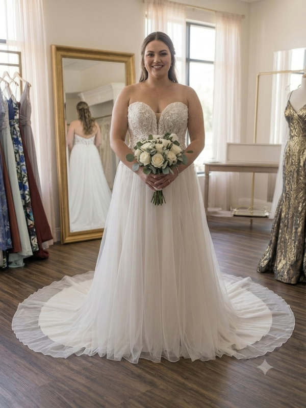 Front full-length view of the Private Label "Evelyn Kelsey" drop-waist A-line wedding dress in size 16, featuring a beaded lace bodice and layered tulle skirt.