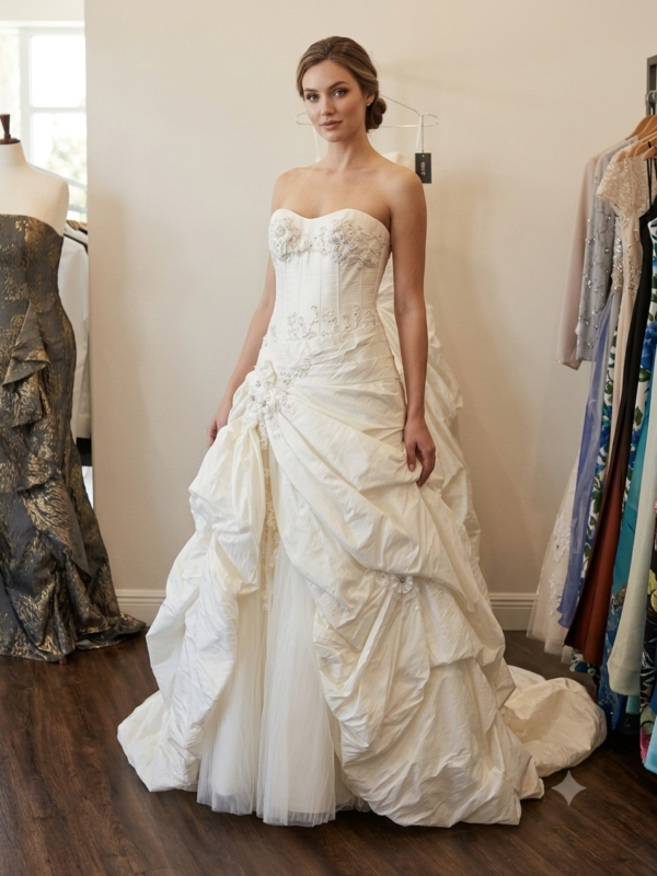 Front view of the Private Label "Neriah" wedding gown in size 10, highlighting the strapless beaded corset bodice and the asymmetric tafteta pick-up skirt over layered tulle.