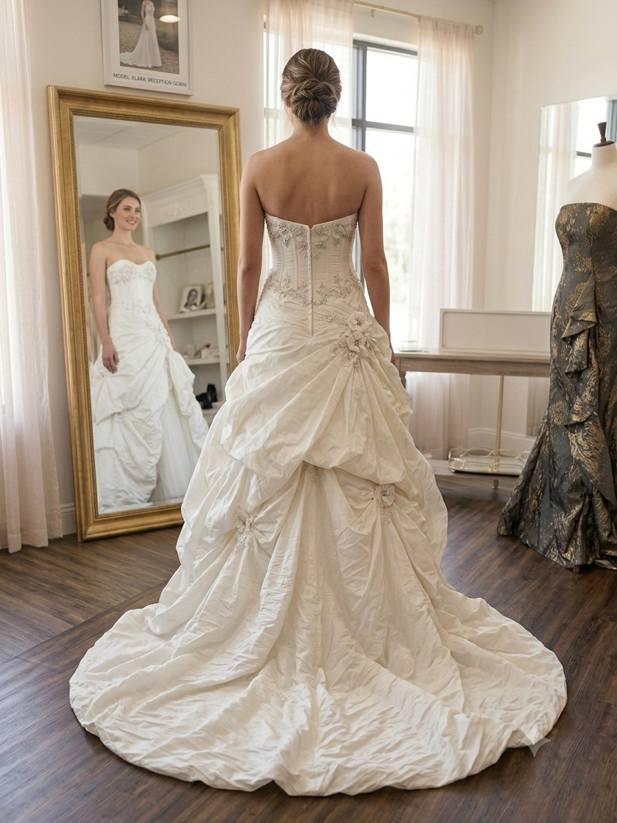 Side profile view of the Neriah wedding dress hanging in a boutique, showing the full extension of the heavily gathered textured tafteta train and a store price tag on the back bodice.