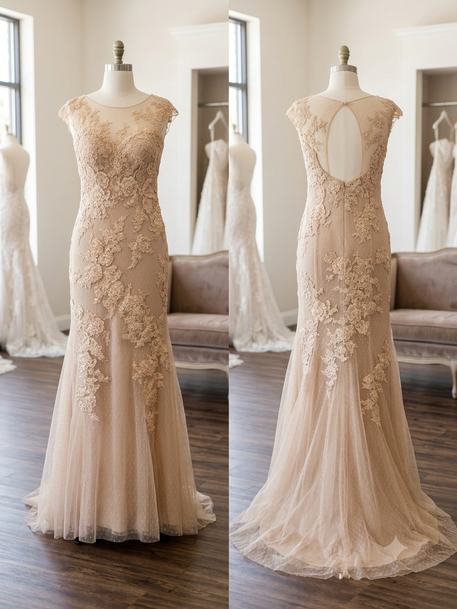 A side-by-side showcase image of the 'Thelma 1' champagne lace and tulle mermaid gown (Size 12, SKU DMB063) on a mannequin, illustrating the front cap-sleeve bodice and back keyhole design, set within a luxury boutique.SEO Title: Thelma 1 Champagne Lace & Tulle Mermaid Wedding Gown Size 12 | DMB063