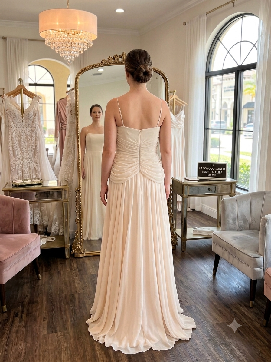Front view of the peach private label "Serenity" wedding dress (Style DMB031, Size 12) on a mannequin in a luxury boutique, highlighting the straight strappy neckline and detailed horizontal pleated ruching on the bodice. 2