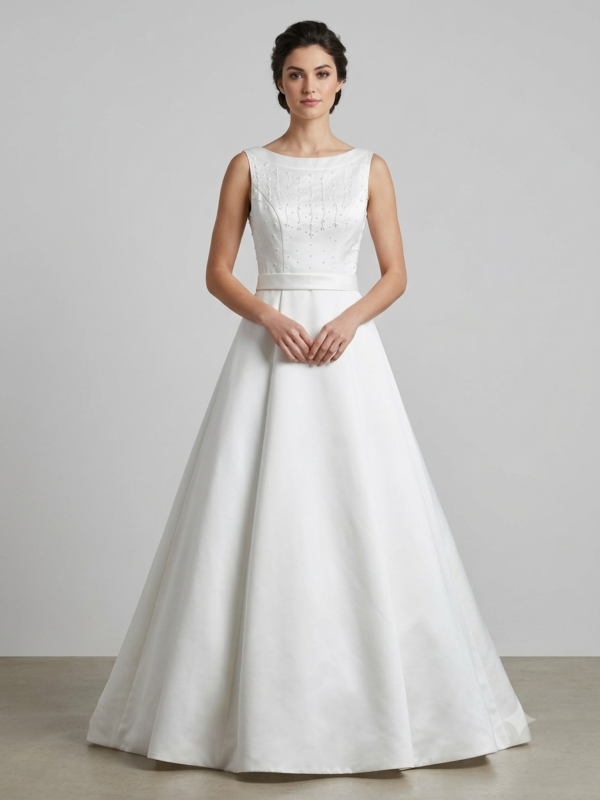 Professional front and back showcase of the private label Jackie O size 12 satin wedding gown showing its pearl-beaded bateau neck, banded waist, deep open V-back, and full A-line skirt inside a luxury boutique.