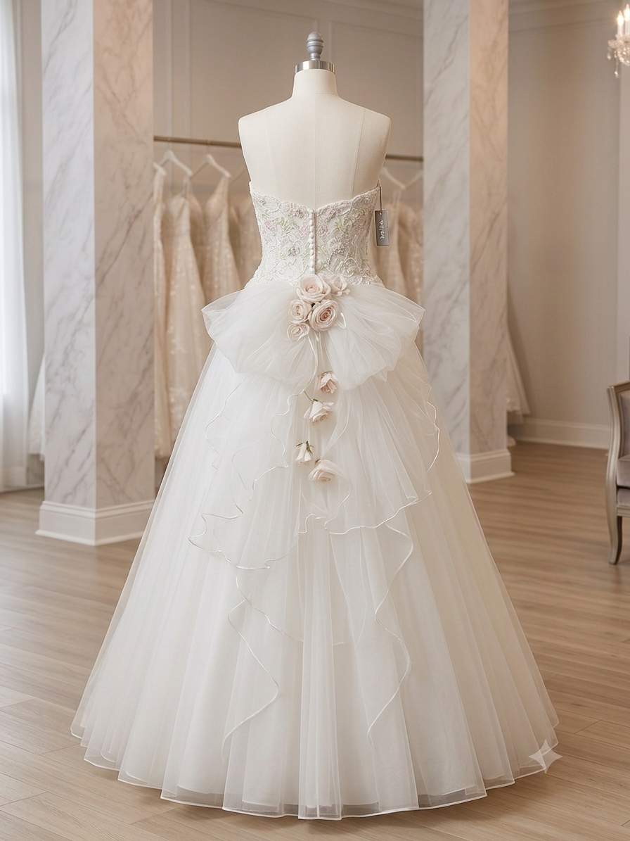 A full-length photograph of a private label 'Delilah' style number DMB008 strapless wedding gown on a mannequin in a bridal boutique. The bodice features an ornate V-shaped sweetheart neckline with pearl and crystal embroidery and light pink and sage green floral accents. The skirt is a full, voluminous A-line ball gown made of multiple layers of layered ivory tulle.