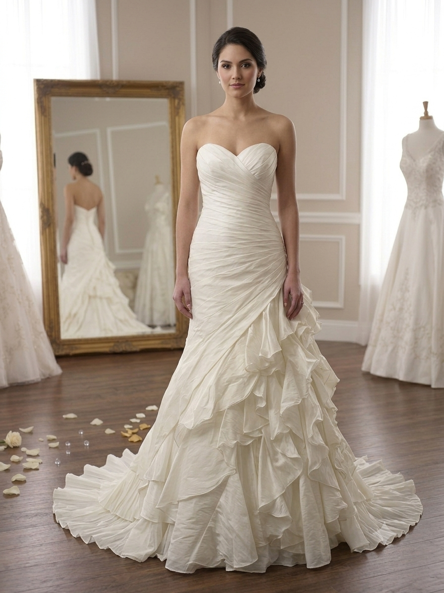 Front and back showcase of the private label Layla Demetrios size 10 wedding dress featuring an asymmetric ruched sweetheart bodice and a dramatic cascading ruffled skirt on a mannequin inside a luxury boutique.