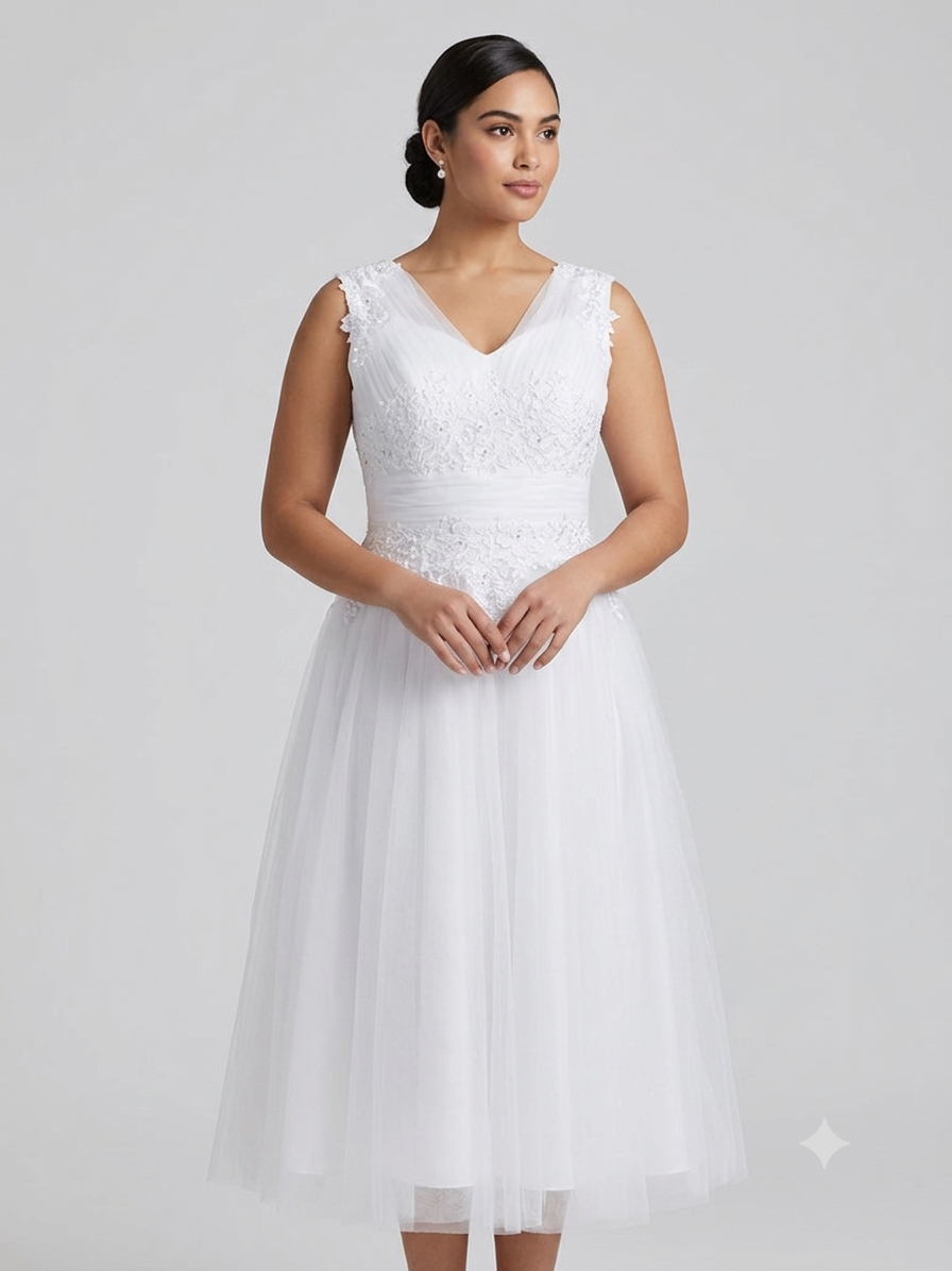 Professional front and back showcase of the Lily-Bliss by Bonny Bridal 2626 size 12 tea-length wedding dress showing its ruched tulle V-neck bodice, floral lace waist detailing, and layered A-line tulle skirt inside a luxury boutique.