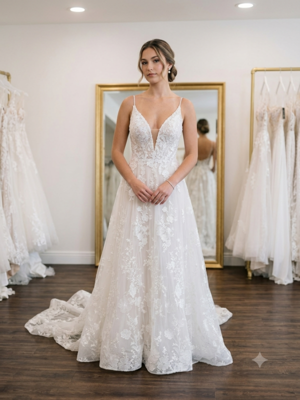 Front view of the Private Label "Ada" wedding dress (Style LAM-LA21234, SKU DMB061, Size 10) on a mannequin, highlighting the plunging V-neckline, spaghetti straps, and cascading floral lace appliqués on tulle.