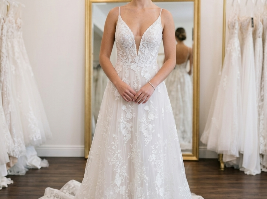 Front view of the Private Label "Ada" wedding dress (Style LAM-LA21234, SKU DMB061, Size 10) on a mannequin, highlighting the plunging V-neckline, spaghetti straps, and cascading floral lace appliqués on tulle.