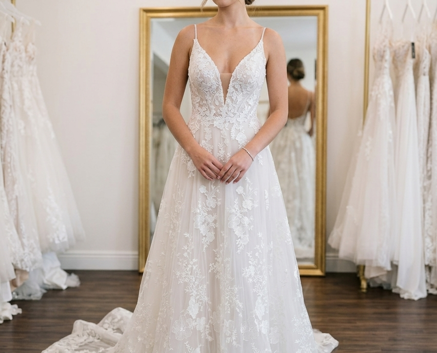 Front view of the Private Label "Ada" wedding dress (Style LAM-LA21234, SKU DMB061, Size 10) on a mannequin, highlighting the plunging V-neckline, spaghetti straps, and cascading floral lace appliqués on tulle.
