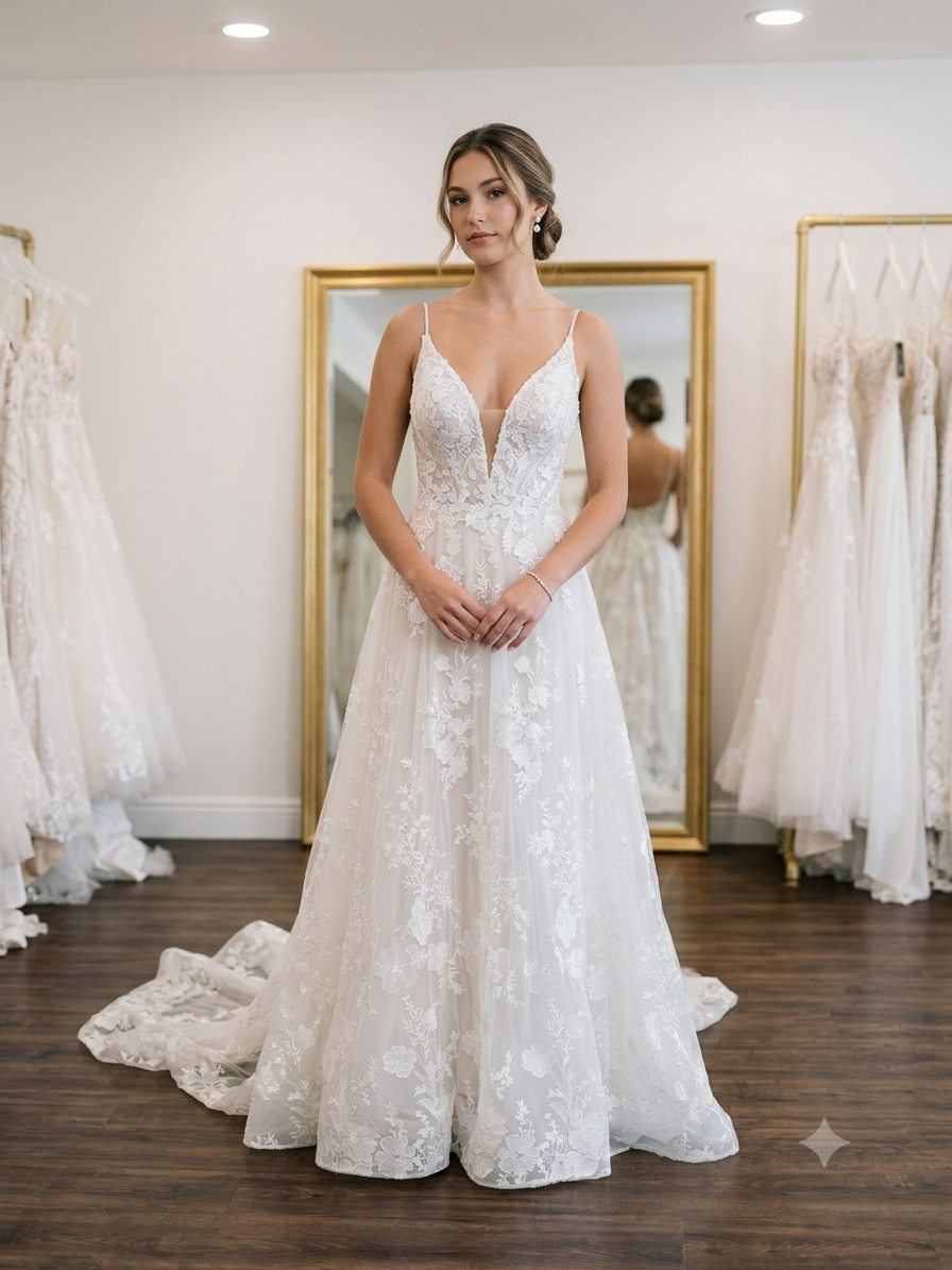 Front view of the Private Label "Ada" wedding dress (Style LAM-LA21234, SKU DMB061, Size 10) on a mannequin, highlighting the plunging V-neckline, spaghetti straps, and cascading floral lace appliqués on tulle.