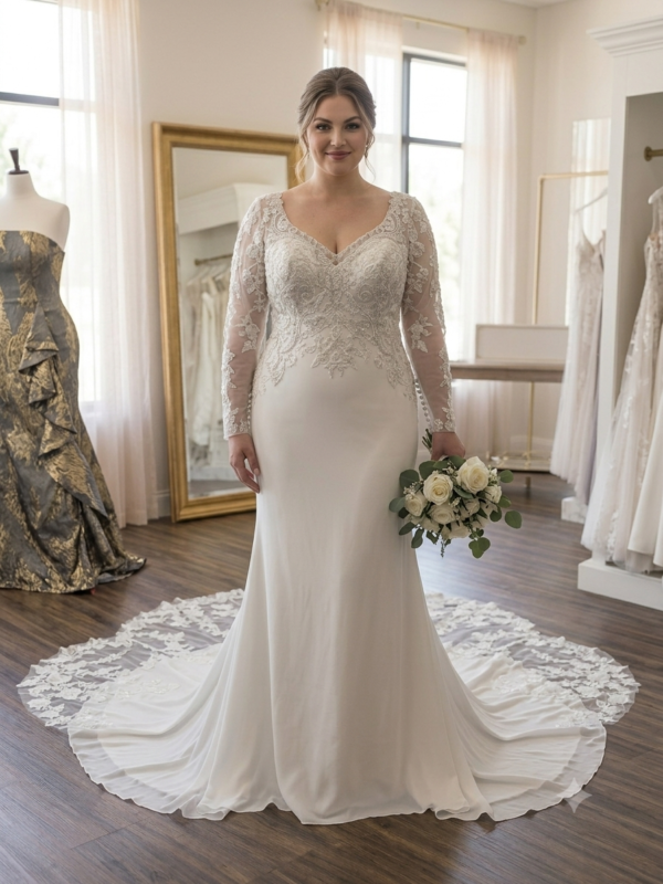 Front full-length view of the Private Label "Carrie Stella 2604" wedding dress in size 18, showing the sheer lace long sleeves, sweetheart bodice, and draped trumpet skirt.