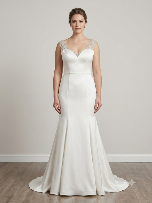 Professional front and back showcase of the private label Leilani size 12 satin trumpet wedding gown highlighting its crystal-beaded illusion high neck, sweetheart neckline, low-cut beaded back with fan ruching, and trailing buttons inside a luxury boutique.