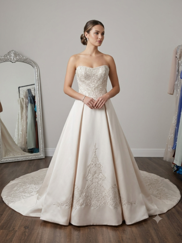 Front and back view of the Stella Christina Wu size 10 satin wedding dress displaying its embroidered bodice, straps, box-pleated A-line skirt, and long train with bridal buttons inside a luxury bridal shop.
