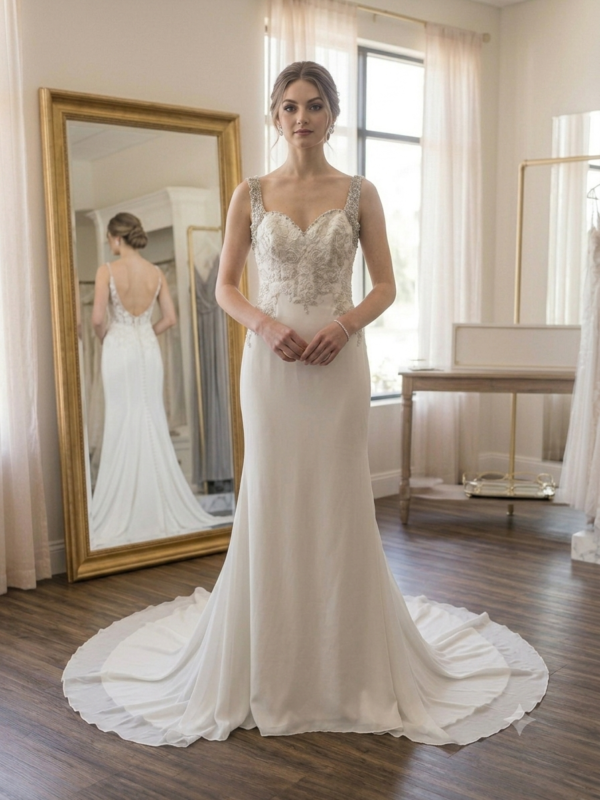 Mori Lee Inaya 6798 Beaded Lace Chiffon Sheath Wedding Dress Size 10