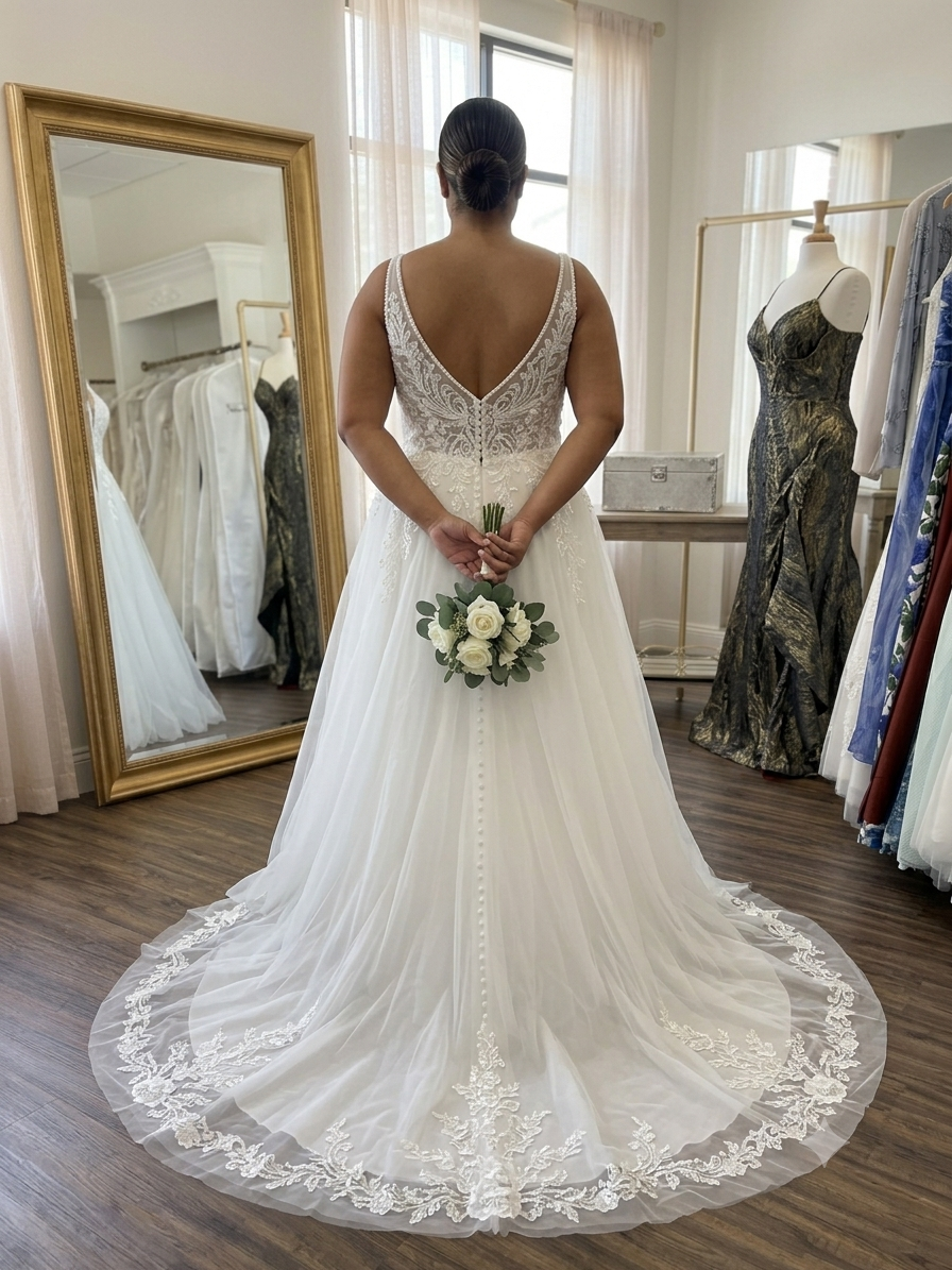 Close-up view of the back of the Josie dress, displaying the intricate silver starburst sequin patterns, delicate hand-beading, and bridal boutique tag.