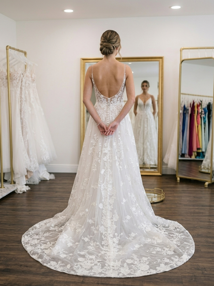 Back view of the Private Label "Ada" bridal gown on a mannequin, showcasing the low open V-back, semi-sheer lace detailing on the bodice, and the long, flowing lace-trimmed cathedral train.