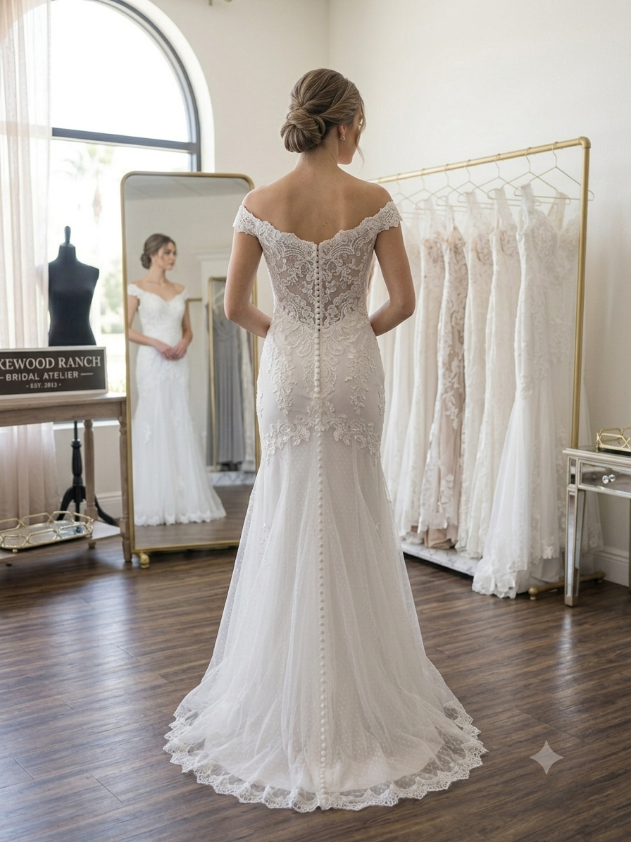 Back closeup view of the ivory "Emma" bridal gown, featuring the zipped back bodice with rich leaf lace embroidery and a delicate designer label hanging from the strap.